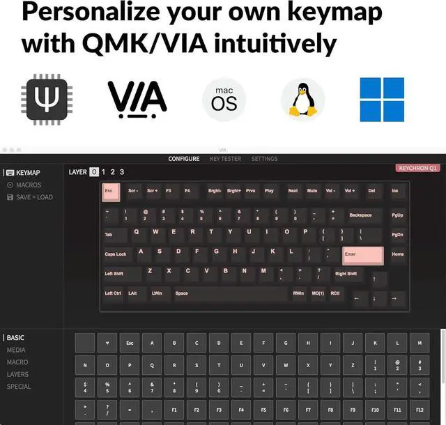 Alt view image 3 of 7 - Keychron Q1 Mechanical Keyboard Grey - PH BL (Keychron Q1D2), Blue Swich