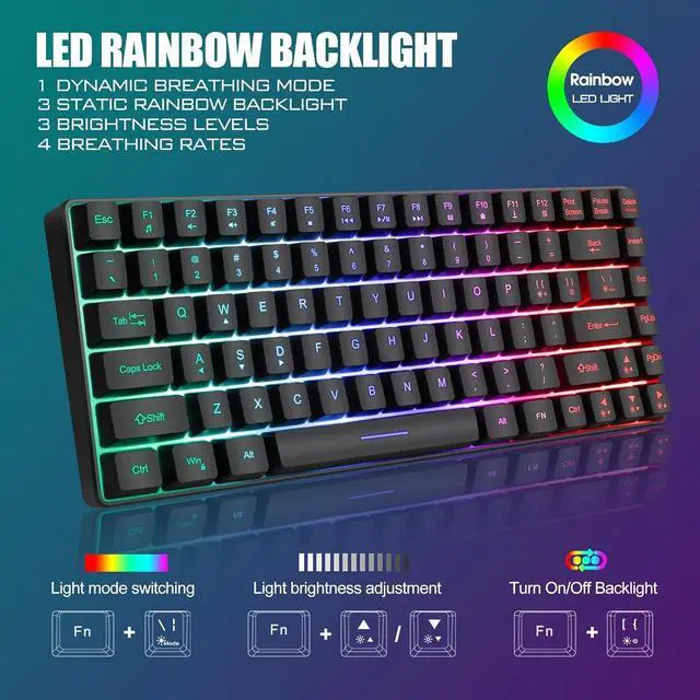 Alt view image 3 of 6 - RedThunder K84 Wireless Keyboard and Mouse Combo, Rainbow Backlit Rechargeable Battery, 75% Layout TKL Ultra Compact Gaming Keyboard & Lightweight 3200 DPI Honeycomb Optical Mouse (Black)