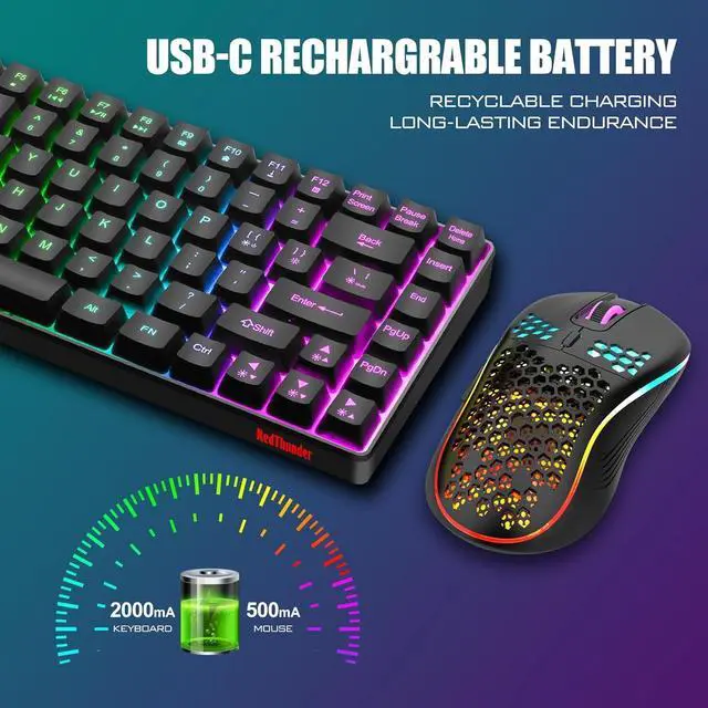 Alt view image 5 of 6 - RedThunder K84 Wireless Keyboard and Mouse Combo, Rainbow Backlit Rechargeable Battery, 75% Layout TKL Ultra Compact Gaming Keyboard & Lightweight 3200 DPI Honeycomb Optical Mouse (Black)