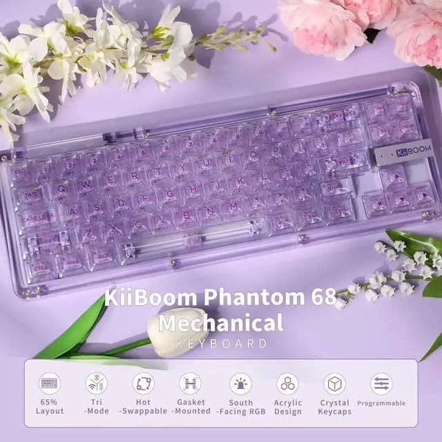 Alt view image 2 of 7 - KiiBoom Phantom 68 65% Hot Swappable Crystal Gasket-Mounted Mechanical Keyboard, BT5.0/2.4GHz/USB-C Wired Wireless NKRO Gaming Keyboard with South-Facing RGB, 4000mAh Battery for Win/Mac(Purple)