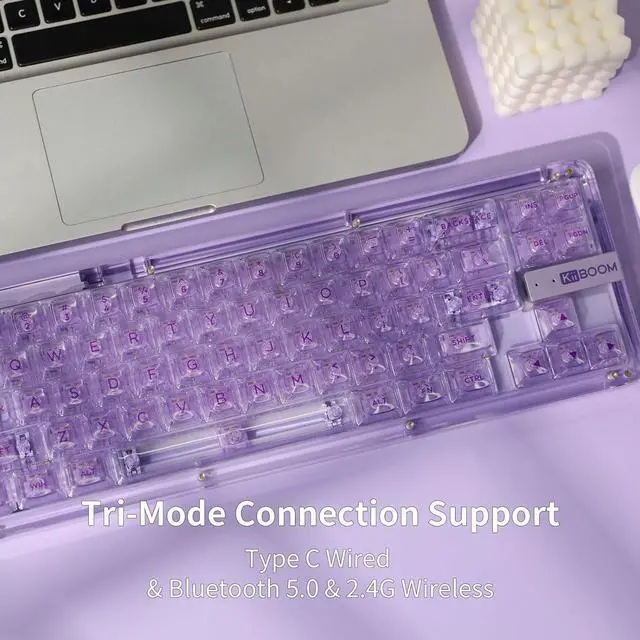 Alt view image 4 of 7 - KiiBoom Phantom 68 65% Hot Swappable Crystal Gasket-Mounted Mechanical Keyboard, BT5.0/2.4GHz/USB-C Wired Wireless NKRO Gaming Keyboard with South-Facing RGB, 4000mAh Battery for Win/Mac(Purple)