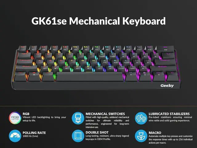 Alt view image 5 of 7 - Geeky GK61 SE 60% | Mechanical Gaming Keyboard | 61 Keys Multi Color RGB LED Backlit for PC/Mac Gamer | ANSI US American Layout (Black, Mechanical Black)