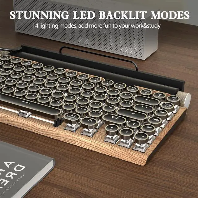 Alt view image 5 of 7 - Retro Typewriter Wireles Mechanical Keyboard, Bluetooth 5.0 Office Computer Vintage Keyboards 83-Key Blue Switches Punk Round Keycap, LED Backlight, Type-C, Compatible with PC/Laptop/Pad/Phone, Wood