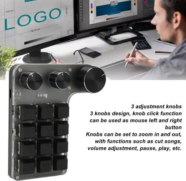 Alt view image 3 of 7 - 12 Keys One Handed Mechanical Gaming Keyboard, Mini Keypad Programmable Macro Keyboard with 3 Knobs, Portable BT USB Macro Mechanical Keyboard for Office Gaming