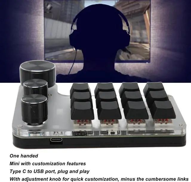 Alt view image 4 of 7 - 12 Keys One Handed Mechanical Gaming Keyboard, Mini Keypad Programmable Macro Keyboard with 3 Knobs, Portable BT USB Macro Mechanical Keyboard for Office Gaming