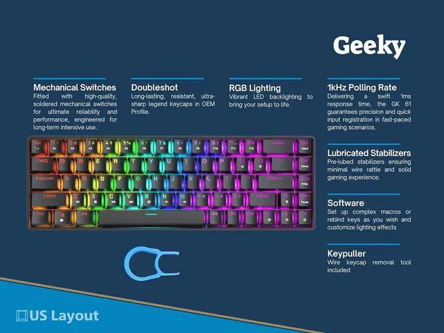 Alt view image 2 of 7 - Geeky GK65 SE 65% | Mechanical Gaming Keyboard | 68 Keys Multi Color RGB LED Backlit for PC/Mac Gamer | ANSI US American Layout (Black, Mechanical Blue)
