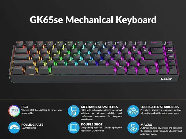 Alt view image 4 of 7 - Geeky GK65 SE 65% | Mechanical Gaming Keyboard | 68 Keys Multi Color RGB LED Backlit for PC/Mac Gamer | ANSI US American Layout (Black, Mechanical Blue)