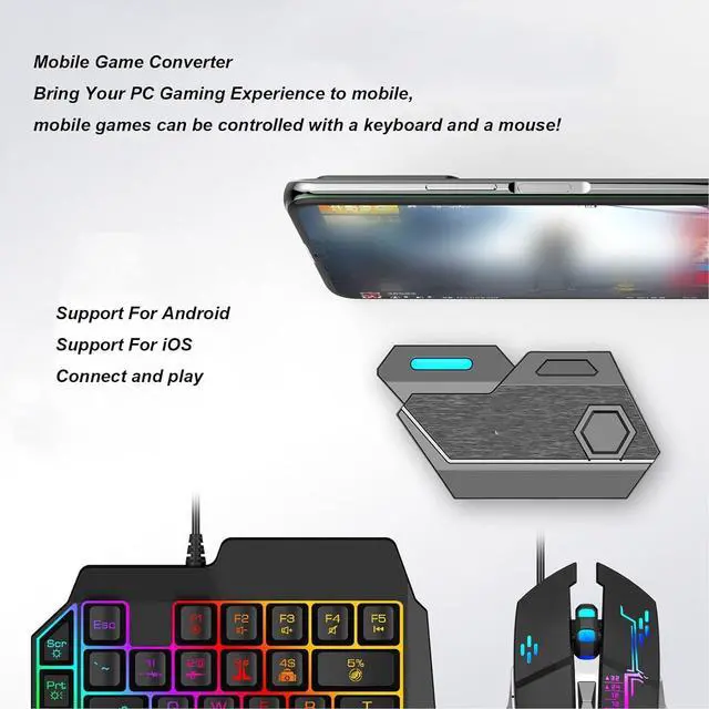 Alt view image 6 of 7 - Mobile Game Keyboard and Converter Kit - Enhance Mobile Gaming Performance with RGB One - Handed Keyboard and Sensitivity Gaming