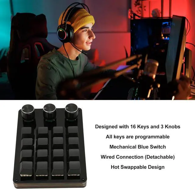 Alt view image 3 of 7 - Mechanical Gaming Keyboard, 16 Keys 3 Knobs One Handed Keypad Programmable Blue Switch Hot Swappable Keyboard for Gaming Office