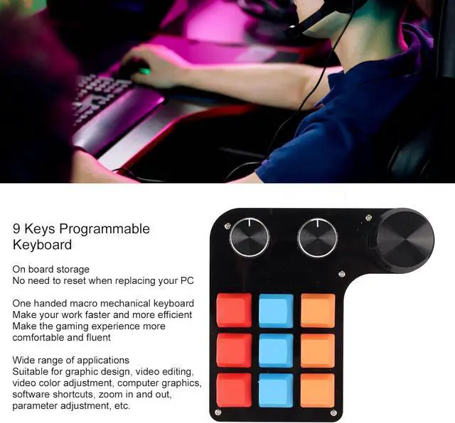 Alt view image 3 of 7 - 9 Keys Programmable Mini Macro Mechanical Gaming Keyboard, One Handed USB Type C Wired for Office, Customizable Function with 3 Knobs, On Board Storage, Suitable for Graphic Desig