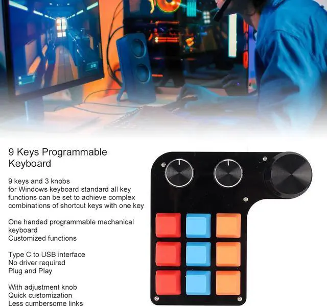 Alt view image 2 of 7 - 9 Keys Programmable Mini Macro Mechanical Gaming Keyboard, One Handed USB Type C Wired for Office, Customizable Function with 3 Knobs, On Board Storage, Suitable for Graphic Desig