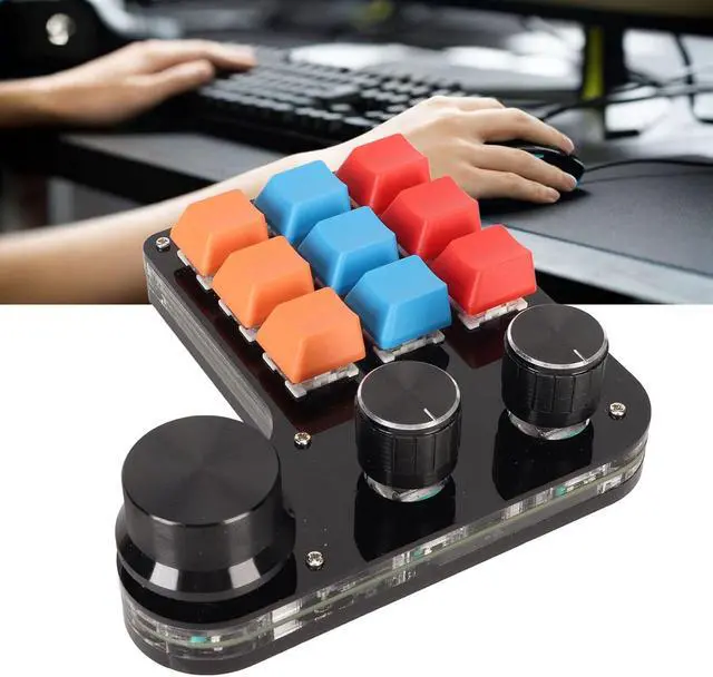 Alt view image 3 of 7 - One Handed Programmable Keypad, 9 Keys Mini Macro USB Mechanical Keyboard with 3 Knobs, Dual Mode DIY Customizable Keypad with Blue Switch for Office Gaming