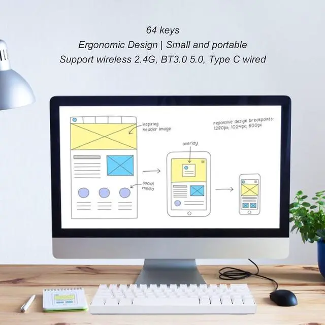 Alt view image 7 of 7 - Mechanical Gaming Keyboard, Mechanical Keyboard Long Battery Life Ergonomic Design Small Portable White for Gaming for Office for Home (Blue Switch)