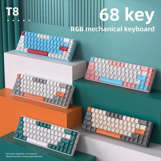 Alt view image 2 of 7 - T8 60% Mechanical Gaming Keyboard, 68 Keys Mini Programmable Wired Keyboard, Type-C RGB Backlit Keyboard (Aqua Edition Red Switch)