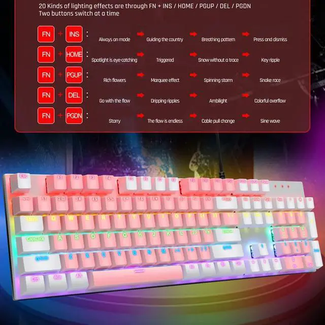 Alt view image 6 of 7 - 104 Key Mechanical Gaming Keyboard, Blue Switch, RGB Backlit, Wired, Plug and Play, for /, 28 Custom Lighting Modes (Roseate and White)
