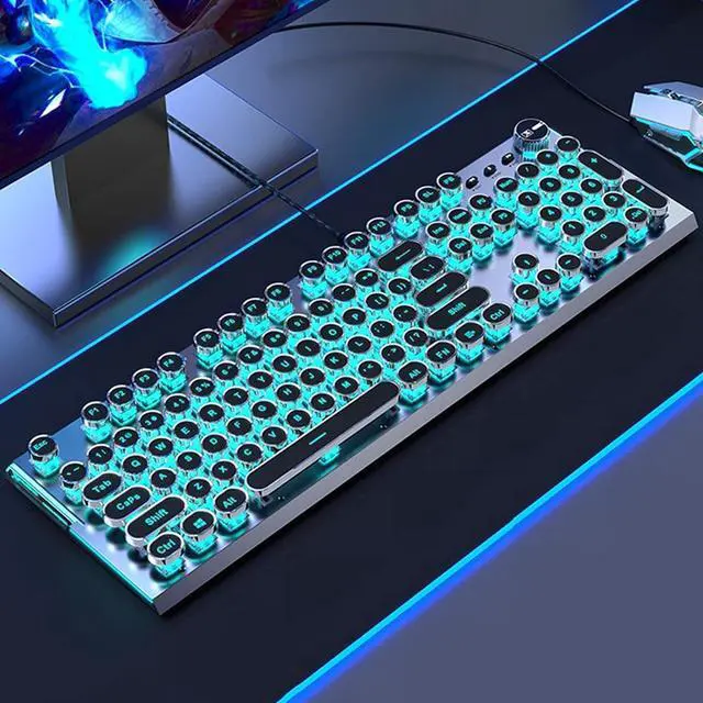 Alt view image 7 of 7 - LJFLI Gaming Keyboard and Mouse Combo Wired Translucent Punk Retro E-Sports Game eat Chicken Backlit Titanium Alloy Black Blue axis Blue