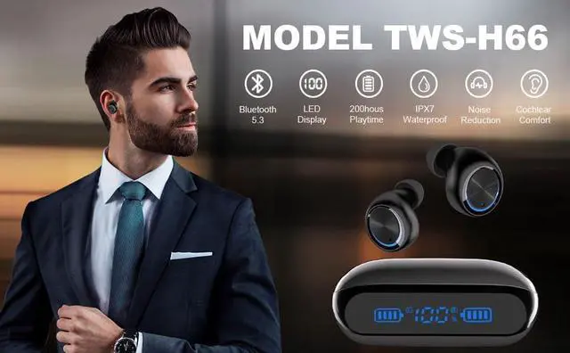 Alt view image 2 of 7 - Bluetooth Earbuds Wireless 200Hrs Playback IPX7 Waterproof Noise Canceling LED Power Display Earphones with Charging Case in-Ear Headphones with Mic for Phone Smart TV Laptop Computer Android iOS