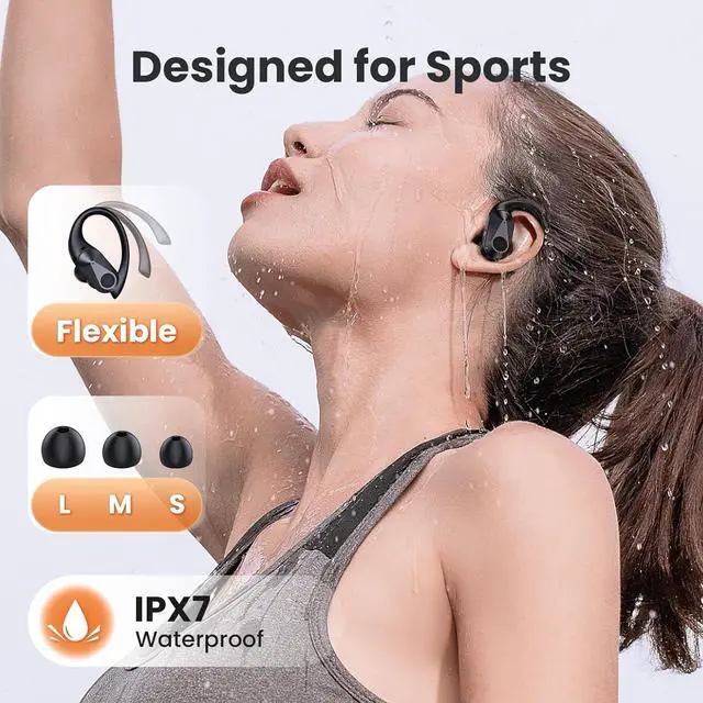 Alt view image 2 of 6 - Wireless Earbuds, 90H Playtime Bluetooth Headphones, Over Ear Buds with LED Display, Stereo Bass Earphones, Wireless Charging Case, IPX7 Waterproof Sport Headset for Workout, Black