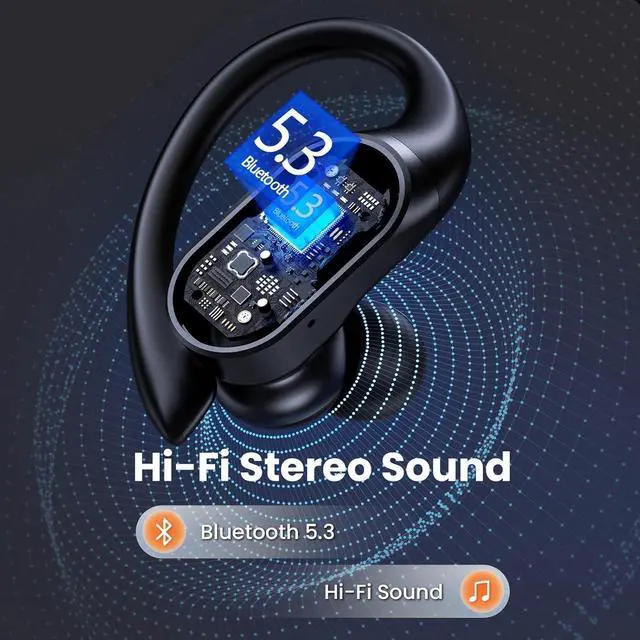 Alt view image 4 of 6 - Wireless Earbuds, 90H Playtime Bluetooth Headphones, Over Ear Buds with LED Display, Stereo Bass Earphones, Wireless Charging Case, IPX7 Waterproof Sport Headset for Workout, Black