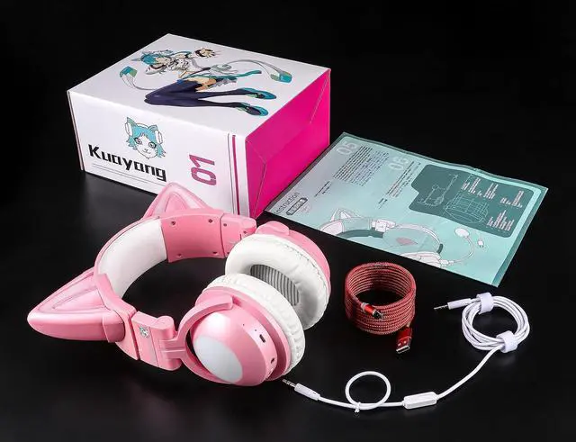 Alt view image 7 of 7 - kuayang Wireless Cat Ear Headphones (7 Color Changing) with & 3.5mm Jack, Gaming Pro, Bluetooth&Wired Connection (Pink)