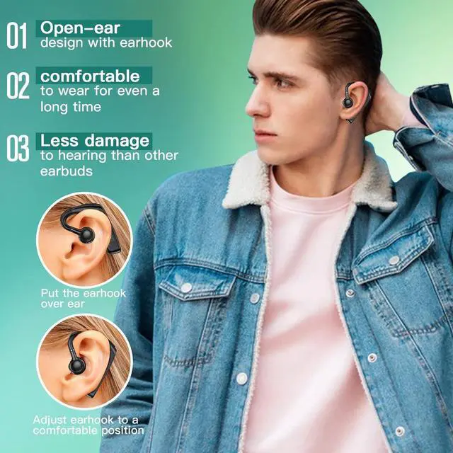 Alt view image 3 of 7 - Open Ear Headphones Bluetooth Single Bone Conduction Wireless Earbuds with Earhooks Microphone Earphones Waterproof Long Battery Life Earpiece for Workout Sports Running Android iOS Non Ear Plug Green