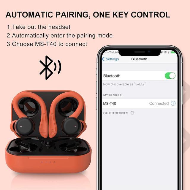 Alt view image 5 of 7 - Orange Over the Ear Wireless Earbuds with Earhooks Bluetooth Earbuds with Ear Hook Workout Running Sport Headphones Waterproof Ear Buds Small Mini Earphones Noise Cancelling Headset with Microphone