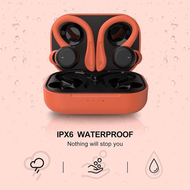 Alt view image 7 of 7 - Orange Over the Ear Wireless Earbuds with Earhooks Bluetooth Earbuds with Ear Hook Workout Running Sport Headphones Waterproof Ear Buds Small Mini Earphones Noise Cancelling Headset with Microphone