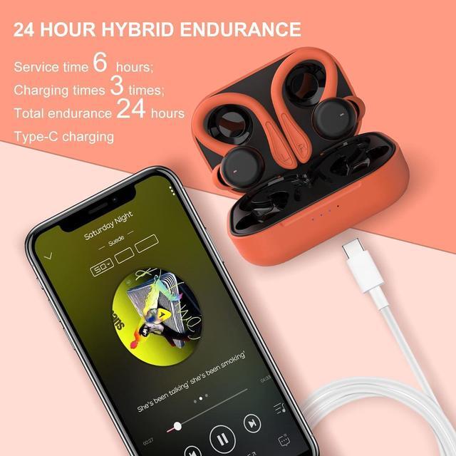 Alt view image 6 of 7 - Orange Over the Ear Wireless Earbuds with Earhooks Bluetooth Earbuds with Ear Hook Workout Running Sport Headphones Waterproof Ear Buds Small Mini Earphones Noise Cancelling Headset with Microphone