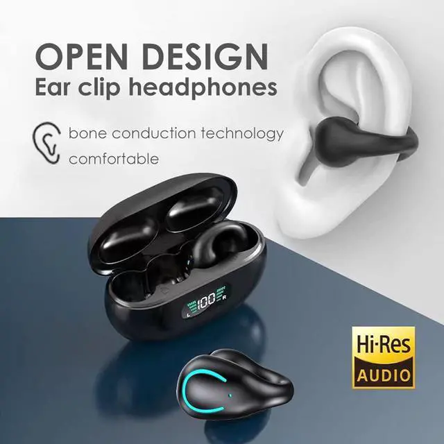 Alt view image 2 of 7 - Loluka Wireless Open Ear Clip Bone Conduction Headset Headphones Earbud Earphones Clip On Open Ear Earbuds Bone Conduction Ear Buds Head Set Earbuds Bone Conducting Headphones Induction Earphones