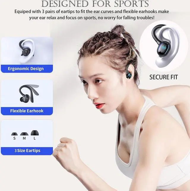 Alt view image 2 of 7 - Xmenha Sport Wireless Over The Ear Buds Earbuds with Earhooks Waterproof Over Ear Earphones Bluetooth Running Workout Wrap Around Earbuds with Ear Hook Sports Running Wrap Around Headphones Wireless