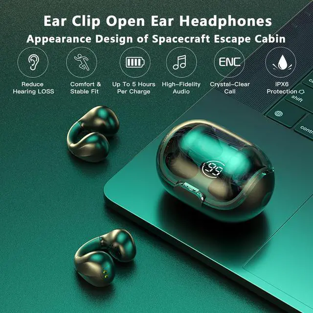Alt view image 2 of 7 - Ear Clips Ear Buds Wireless Clip On Open Ear Headphones Earbuds Ear Clip Bone Conducting Conduction Headphones Headset Earphones Bone Induction Conduction Earbuds Bluetooth Earbud Ear Buds