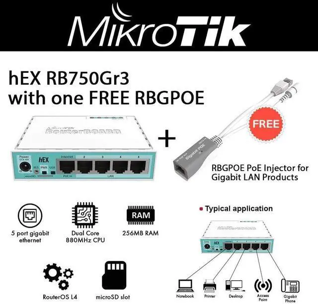 Alt view image 2 of 2 - Mikrotik hEX RB750Gr3 Router Gigabit 5 Ports with Free RBGPOE POE Injector for Gigabit LAN Products