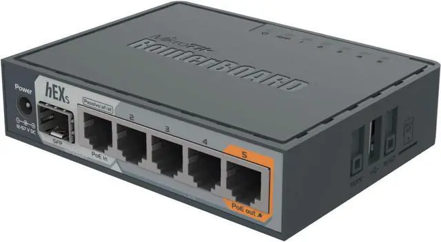Main image of MikroTik hEX S RB760iGS Gigabit Ethernet Router with SFP Port, 5-Port Wired Router with Dual-Core CPU, PoE Output