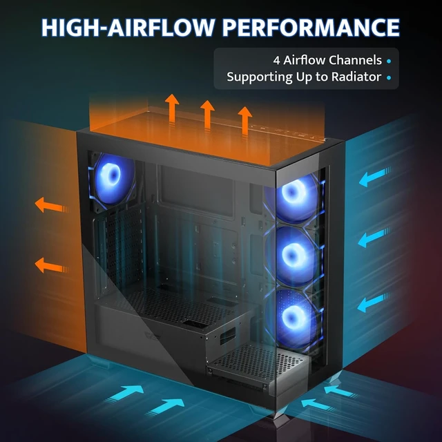 Alt view image 4 of 7 - DS900 ATX Mid-Tower Gaming PC Case 4 PWM ARGB Fans Pre-Installed, Full-View Dual Tempered Glass, Type-C, 360mm Water Cooling Radiator Support (Black)