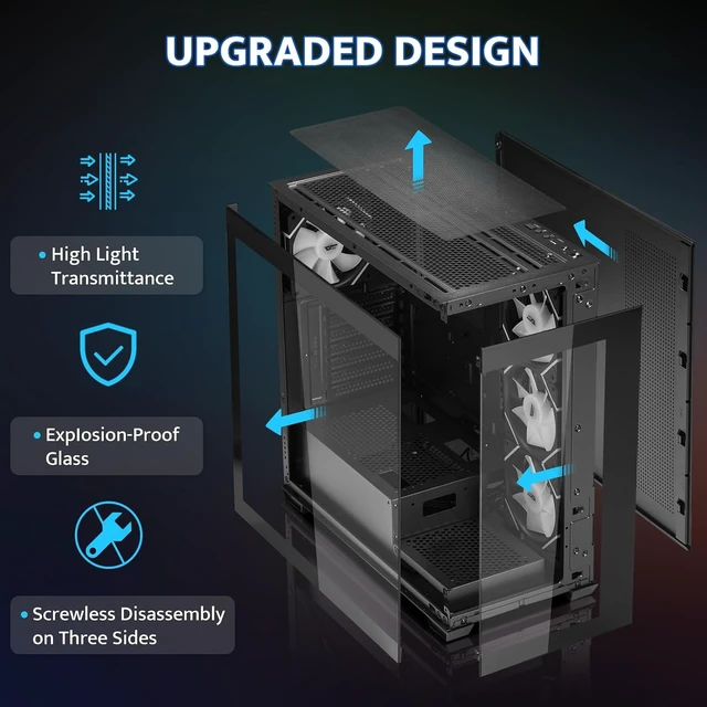 Alt view image 3 of 7 - DS900 ATX Mid-Tower Gaming PC Case 4 PWM ARGB Fans Pre-Installed, Full-View Dual Tempered Glass, Type-C, 360mm Water Cooling Radiator Support (Black)