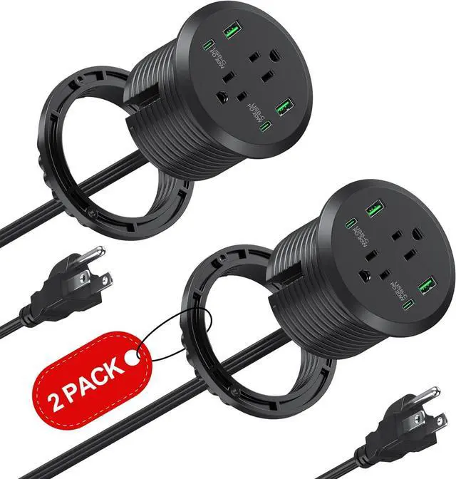 Main image of Desktop Power Grommet, 3-inch Hole, 40W Fast Charging Station, 2 PD 20W USB C Ports, 2 AC Outlets, 4 USB Ports, Flush Mount, 2 Pack
