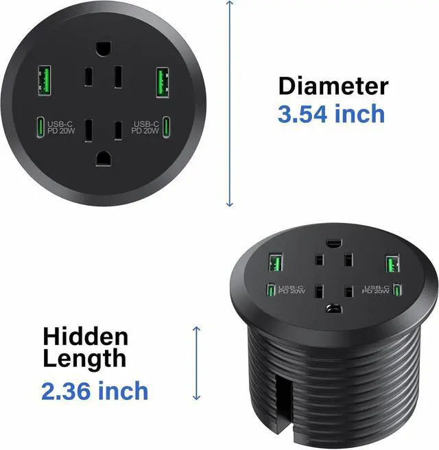 Alt view image 5 of 7 - Desktop Power Grommet, 3-inch Hole, 40W Fast Charging Station, 2 PD 20W USB C Ports, 2 AC Outlets, 4 USB Ports, Flush Mount, 2 Pack
