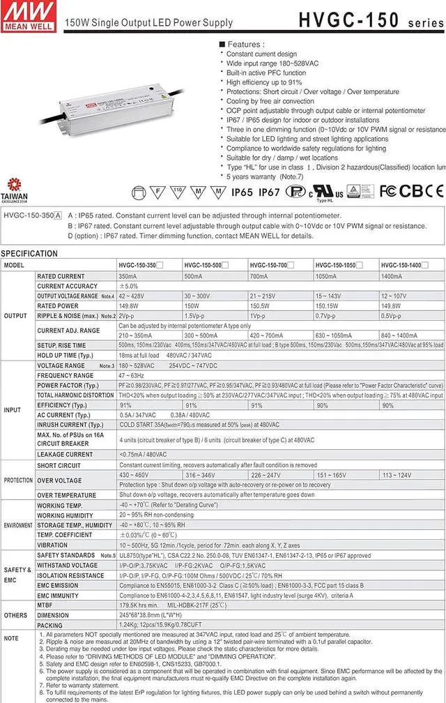 Alt view image 2 of 7 - MW Mean Well HVGC-150-700B 215V 700mA 150W Single Output LED Switching Power Supply