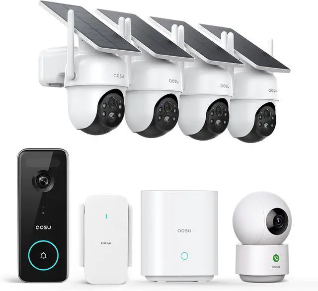 Main image of AOSU Home Security System DIY Kit, SolarCam D1 Classic 4 Kit + 5MP Doorbell Camera Wireless + 2K Indoor Camera.