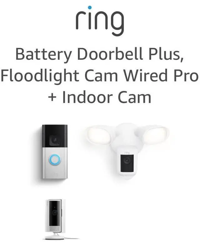 Main image of Ring Floodlight Cam Wired Pro, White with Ring Battery Doorbell Plus and All-new Ring Indoor Cam, White