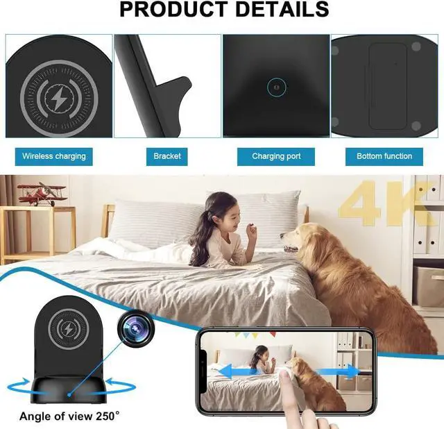 Alt view image 7 of 7 - Dome Security Camera, 2.4/5GHz Smart Indoor Baby/Pet Monitoring Cam with Wirless Charger, Motion Detection, Phone APP, Rotate Lens 251°Viewing Angle for Home Security