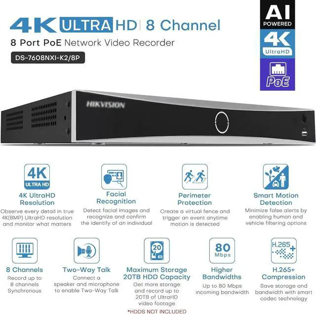 Alt view image 2 of 7 - Gadpiparty HIKV 8 Channel NVR Camera System Kit, DS-7608NXI-K2/8P 4K ACU-Sense PoE NVR, 4X DS-2CD2343G2-LI2U 4MP Dual Mic WDR IP Cameras, Facial Recognition, VCA, AI Detection, Compatible for Hikvisi
