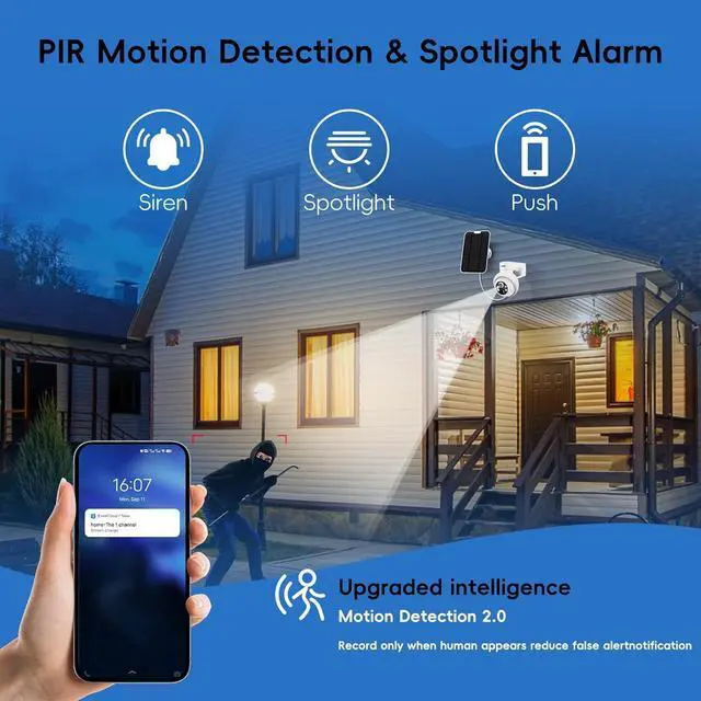 Alt view image 3 of 7 - Gadpiparty Solar Security Camera System Outdoor with 10in LCD Monitor,4-Cam Kit Wireless, Battery Powered Cameras for Home Security with 128GB,PIR Detection,360° View, 2.5K Color Night Vision, No Sub