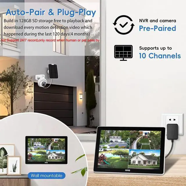 Alt view image 5 of 7 - Gadpiparty Solar Security Camera System Outdoor with 10in LCD Monitor,4-Cam Kit Wireless, Battery Powered Cameras for Home Security with 128GB,PIR Detection,360° View, 2.5K Color Night Vision, No Sub