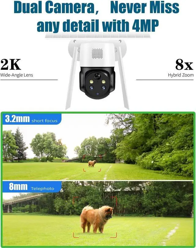 Alt view image 4 of 7 - Dual Camera for Home Security, 2K 4MP Security Camera System, Security Camera Wireless Outdoor, 355° Pan & 90° Tilt, 8W High-Performance Solar Panel, Color Night Vision.