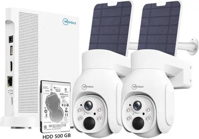 Main image of Gadpiparty Movols 4MP Solar Security Camera System 2PCS Wi-Fi PTZ Cameras with 10CH 4K NVR Surveillance System Built in HDD 500G,Color Night Vision, Motion Alert, Two-Way Audio,IP66 Home Surveillance