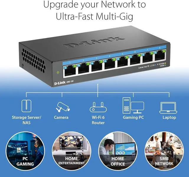 Alt view image 4 of 7 - D-Link 8-Port 2.5GB Unmanaged Gaming Switch with 8 x 2.5G - Multi-Gig, Network, Fanless, Plug & Play (DMS-108),Black