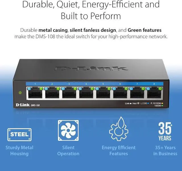 Alt view image 5 of 7 - D-Link 8-Port 2.5GB Unmanaged Gaming Switch with 8 x 2.5G - Multi-Gig, Network, Fanless, Plug & Play (DMS-108),Black