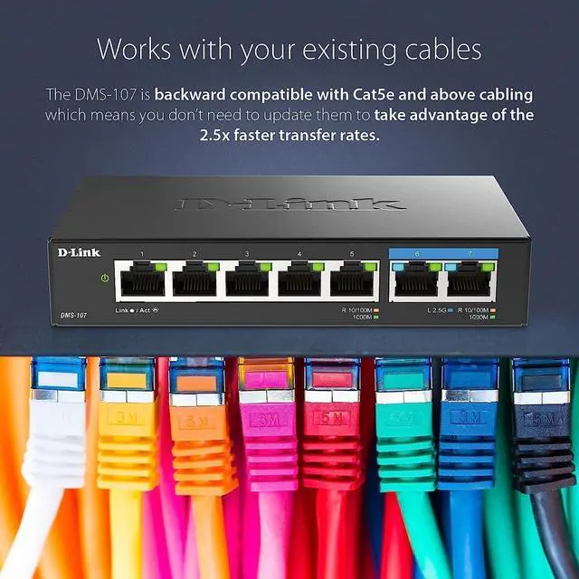 Alt view image 2 of 6 - D-Link 7-Port 2.5GB Unmanaged Gaming Switch with 2 x 2.5G, 5 x 10/100/1000 Mbps - Multi-Gig, Network, Fanless, Plug & Play (DMS-107) Black