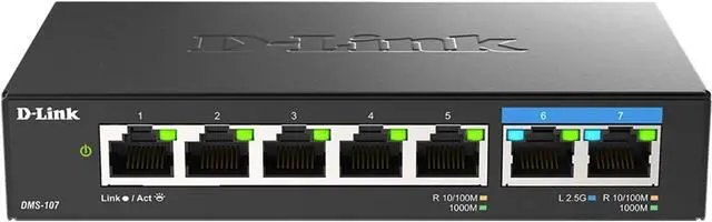 Main image of D-Link 7-Port 2.5GB Unmanaged Gaming Switch with 2 x 2.5G, 5 x 10/100/1000 Mbps - Multi-Gig, Network, Fanless, Plug & Play (DMS-107) Black